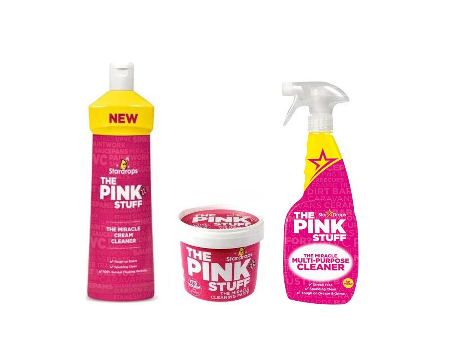 Stardrops The Pink Stuff komplekts - Krēma tīrītājs 500 ml + Tīrīšanas pasta 500 grami + Multi tīrīšanas aerosols 750 ml